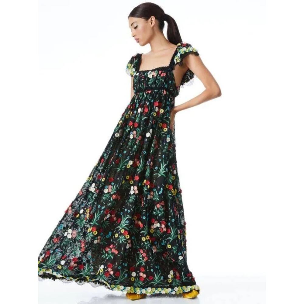 Alice + Olivia Stacey Bendet Black Floral Embroidered Lace Maxi Dress Size 12 - Picture 3 of 16
